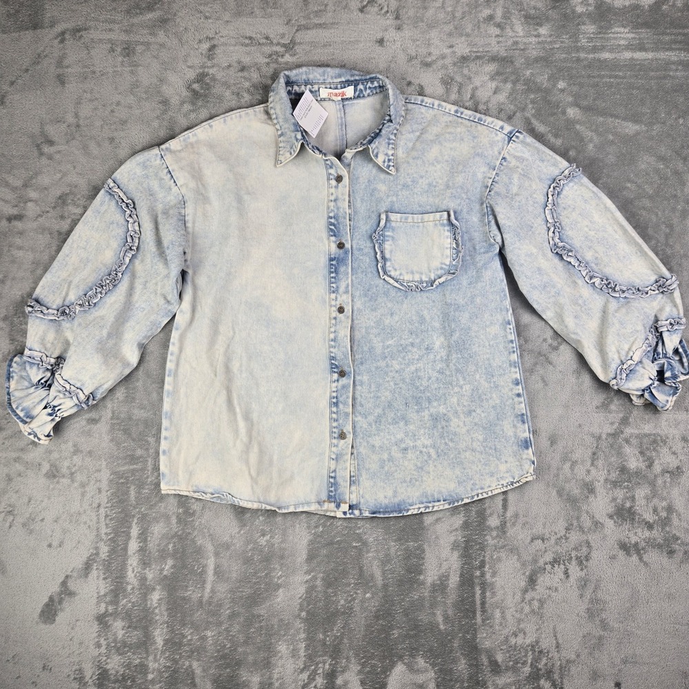Mazik Women's Boho Casual Ruffle Trim Denim Shirt Blue Medium